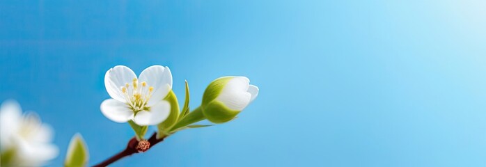 Wall Mural - Banner with spring flowers on blue background.