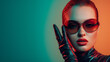 Cyberpunk-inspired photography featuring a stylish woman with neon lighting, exuding a futuristic vibe