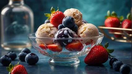 Wall Mural - ice cream balls with strawberries, blueberries in glass bowls