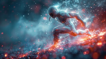 Poster - Sports science technology, polygon runner design with futuristic elements.