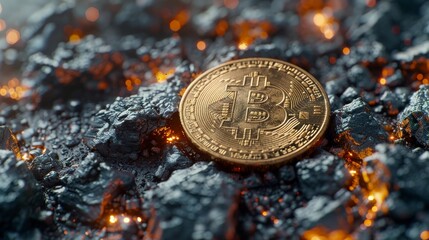 Leinwandbilder - The concept of cryptocurrency mining technology, a graphic of a blockchain with bitcoin, and a mining tool
