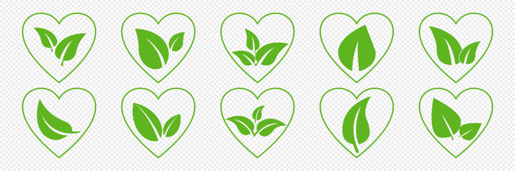 Set of isolated green leaf icons on white background. Abstract natural leaf icons. Elements. Vector illustration.