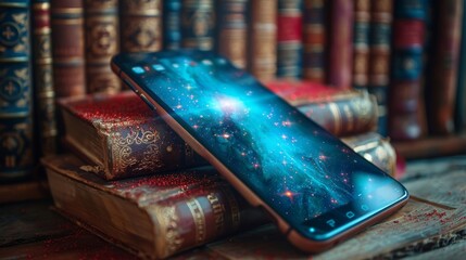 Leinwandbilder - An image of a mobile phone combined with a book and an element of the future for an e-learning concept