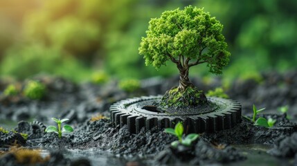 Poster - The concept of green industry or smart manufacturing is illustrated by the graphic of a tree combined with a gear wheel and an ecology conservation element.