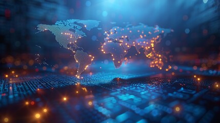 Poster - Presented in a futuristic style, dotted world map illustrates communication technology