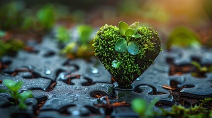 Poster - Graphic of heart shape combined with jigsaw puzzle and ecosystem element to illustrate ecology system and environment conservation.