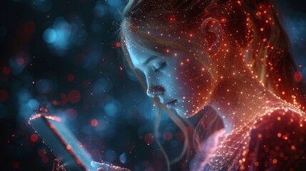 Leinwandbilder - Online training concept with graphic of low poly female using tablet to learn online