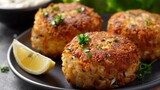 Fototapeta  - A tempting plate of Maryland crab cakes, featuring plump crab meat mixed with breadcrumbs, herbs, and spices, pan-fried until golden brown and served with a side of tangy remoulade sauce.