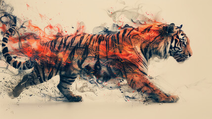 Aufkleber - Chinese zodiac sign of the tiger, graphic with a colourful cyber tiger and traditional Chinese elements.
