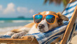 Cute Dog wearing cool glasses sleeping on a beach chair in a beautiful beach on a sunny vacation