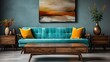 A blue couch with yellow pillows sits in front of a painting on the wall. A vase with flowers sits on a table next to the couch. The room has a modern and cozy feel, with the blue couch