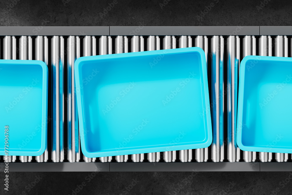 Airport conveyor with empty plastic containers, top view Stock Photo ...
