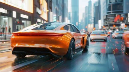 Poster - Autonomous self-driving electric car changes lanes and overtakes city vehicles 3D rendering..........