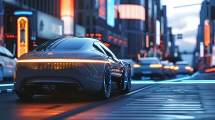 Poster - Autonomous self-driving electric car overtakes a city vehicle in 3D.
