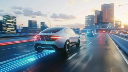 Poster - EV change lanes autonomously and overtakes city vehicle...