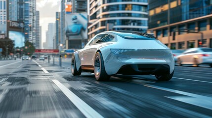 Poster - An autonomous self-driving electric car changes lanes and overtakes a city vehicle.......