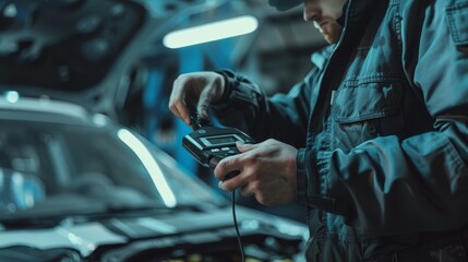 Poster - Mechanic using car diagnostic scanner