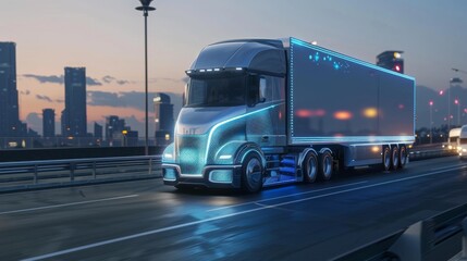 Poster - Autonomous Self-Driving Lorry Truck with Cargo Trailer Drives on the Road with Scanning Sensors. Special Effects of a Zero-Emissions Electric Vehicle Analyzing the Freeway in the Future.