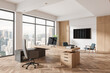 Wooden office interior with work desk, chill zone and panoramic window