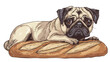 Illustration with markers of a pug with a baguette Flat