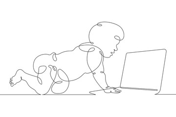 Poster - One continuous line.The kid is sitting at the laptop. A small child is crawling. Child at the computer. Baby with a laptop. One continuous line drawn isolated, white background.