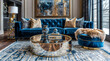 Luxury, glam blue living room interior design with a sofa, a table and an abstract painting