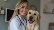 Stunning young blonde Italian female veterinarian posing with a lovable dog at her vet clinic. Veterinarian woman looking positive and happy standing with a puppy