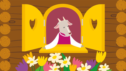 Poster - Illustration of a cute goat in a window with flowers on a wooden background