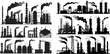 Machine factory industries, refineries or gas pollution vector background set
