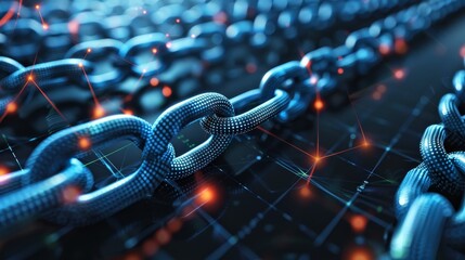 Poster - A chain of blue links with red dots on it. The chain is made of metal