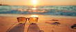 Sunglasses on beach at sunset, sunlight, outdoors, relaxation, coastline