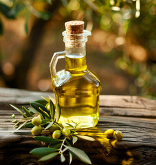 Wall Mural - Olives oil in bottle on wooden backgrounds