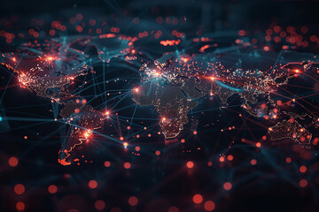 a digital map of the world made up of glowing lines and nodes, representing global connectivity. the