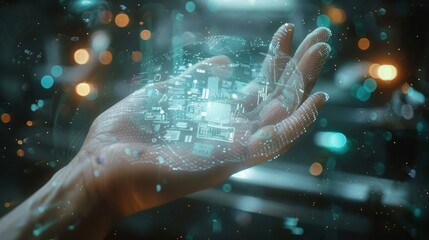 Fototapete - A hand holding a glowing object that appears to be a computer chip. Concept of technology and innovation, as well as the idea of human interaction with machines