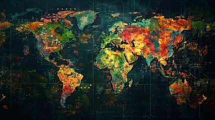 Wall Mural - A colorful world map with a green and yellow border. The map is filled with different colors and patterns, giving it a vibrant and lively appearance. The map is designed to showcase the diversity