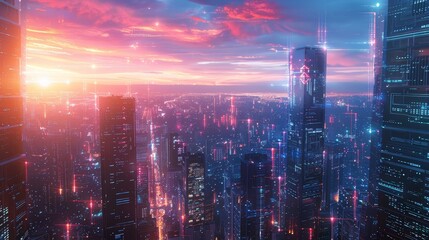 Poster - A cityscape with a sunset in the background. The sky is filled with bright colors and the city is lit up with neon lights. Scene is energetic and vibrant