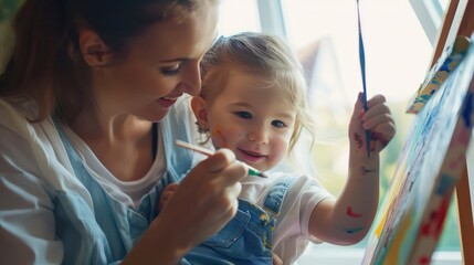 Wall Mural - A mother and child painting together. 