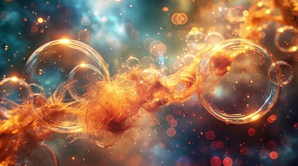 A colorful, abstract image of a strand of hair with bubbles surrounding it. The bubbles are in various sizes and colors, creating a sense of movement and energy. Scene is playful and whimsical