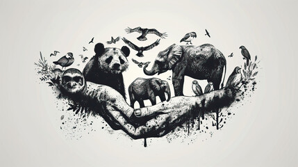black and white sketch art of endangered species, earth day or world wildlife day concept. save our 