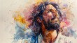 Bearded Man with Long Hair and Beard, Looking Upwards, in a Colorful Abstract Painting Generative AI
