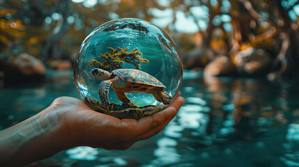 Wall Mural - glass globe with a turtle inside it, holded in hand of a human, Earth Day or World Wildlife Day concept. Save our planet, protect green nature and endangered species, biological diversity theme