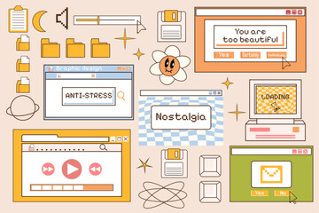 Leinwandbilder - A set of computer windows and stickers. Y2k retro style. Vector illustration. Groovy hippie elements. Interface. Desktop and folders. 2000s. Browser. Aesthetic design. Icons on pc aesthetic. Rave 
