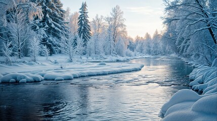 Wall Mural - river in winter forest