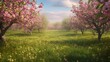 Field with cherry trees. Smell, greens, nature, air, relaxation, beauty, forest, bloom, flower, petal, forest, foliage, fruit, seed, red, . Generated by AI