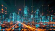 Cybernetic city. Anti-design, progress, art, abstract, hologram, skyscraper, cyberpunk, hacking, virtual reality, matrix, futurism. Generated by AI