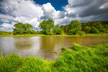 Canvas Print - A picturesque view of a small calm lake surrounded by trees on a sunny day.