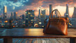 A modern handbag sitting on a wooden bench against a city skyline.