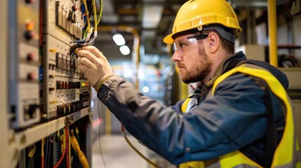 Wall Mural - An electrician inspecting electrical components in an industrial facility. 