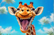 Funny caricature smiling giraffe with wide toothy smile on sunny tropical background. Travel and vacation concept. AI generated