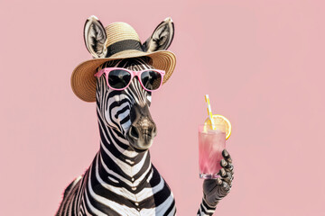 funny zebra wearing a hat and sunglasses with a cocktail on a pink background. summer vacation and w